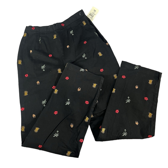 Coldwater Creek Pants sz 6 Black Tropical Palm Trees Pineapples Flowers Stretch - Picture 1 of 7